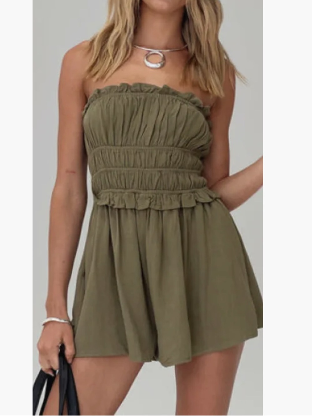 PRINCESS POLLY In Wonderland Romper Sage Olive Green Smocked Strapless Ruffled 2